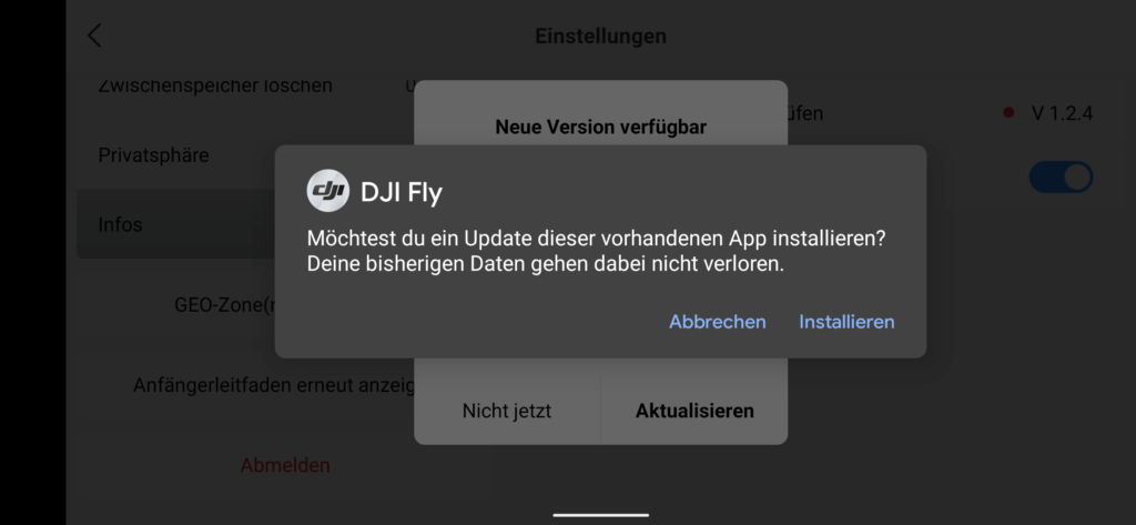 dji fly app in-app-update bestätigen