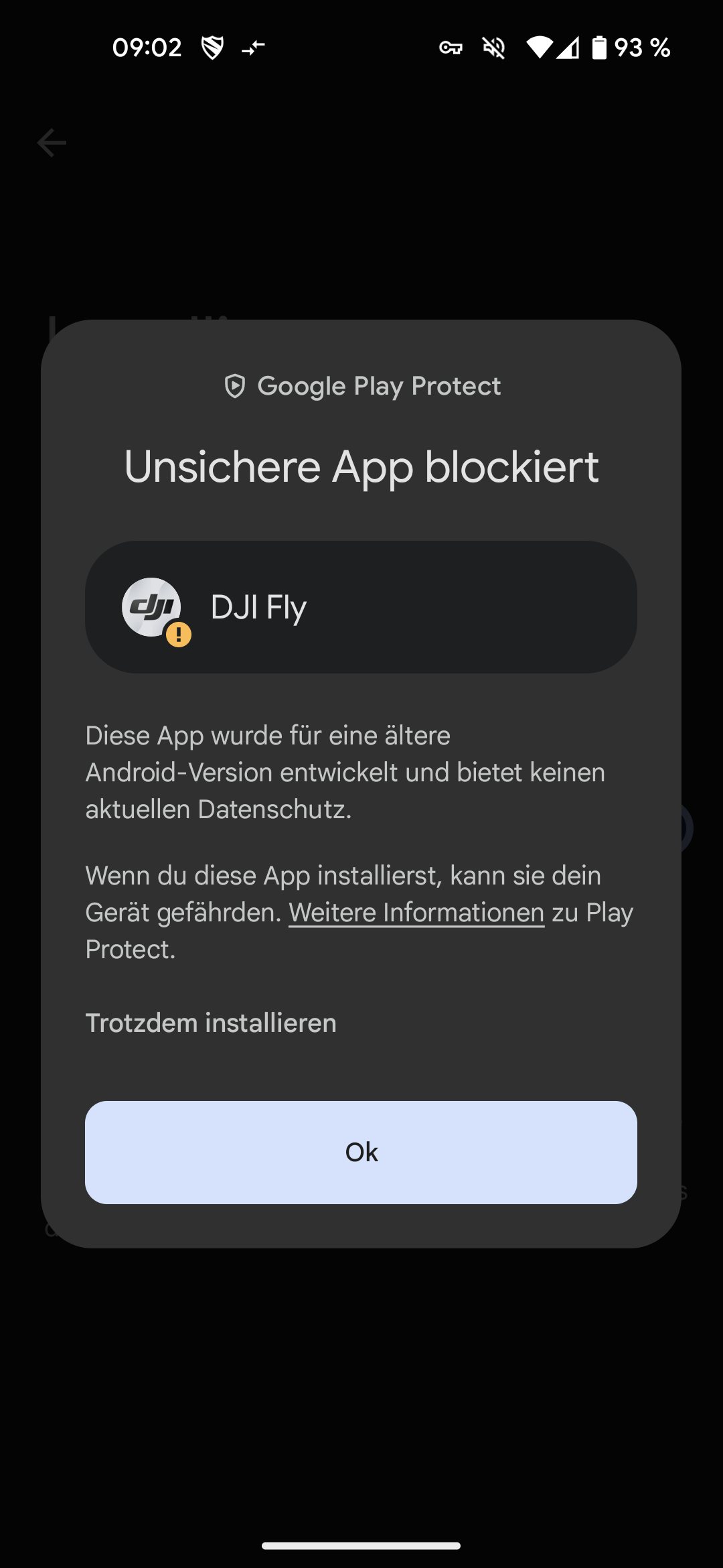 dji fly app android sicherheitswarnung