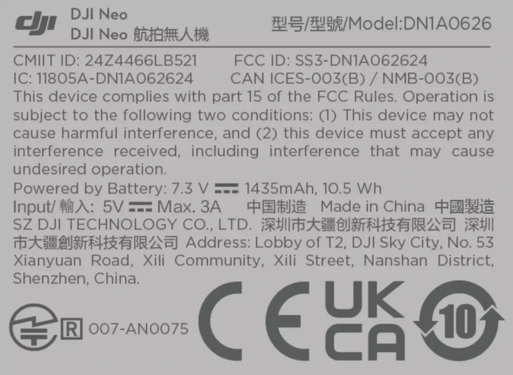 dji neo fcc label