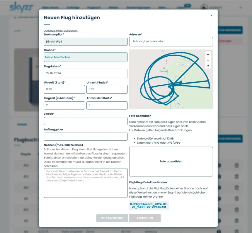 Fluglogbuch für Drohnenflüge auf skyzr.com