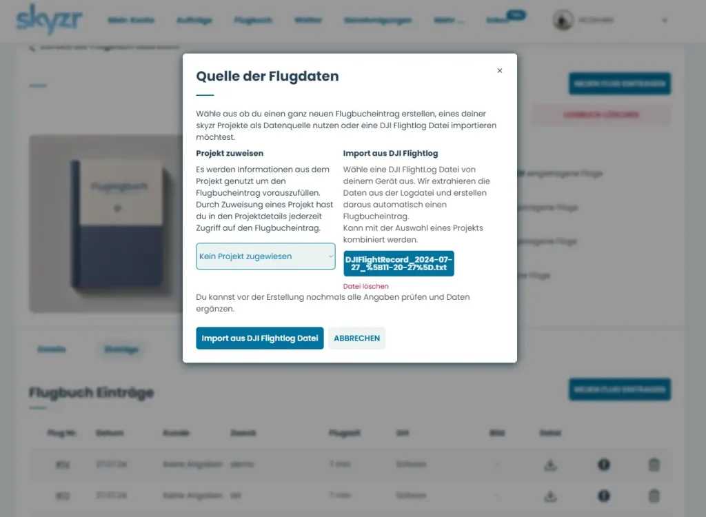 dji flight log import skyzr fluglogbuch quelle