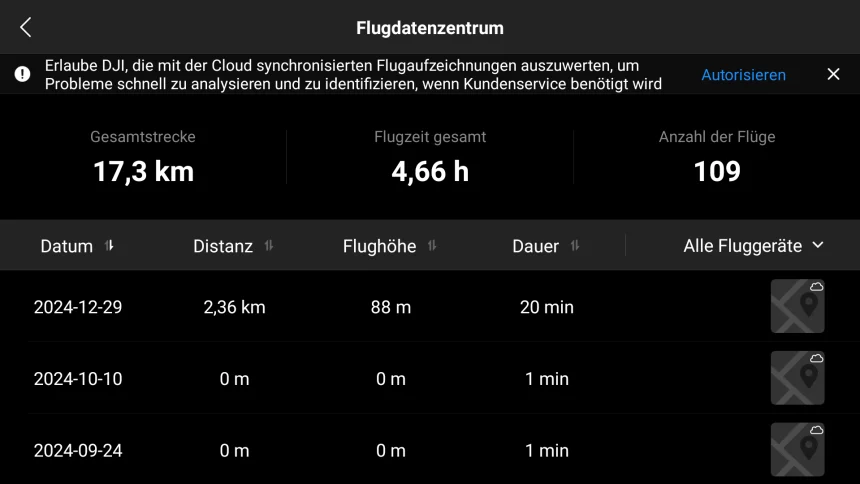 dji flight log datei exportieren ansicht in der fly app